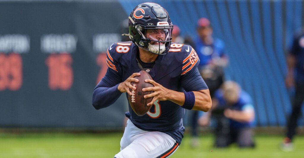 Caleb Williams #18 of the Chicago Bears moves in the pocket during the first quarter of an NFL preseason football game against the Cincinnati Bengals at Soldier Field on August 17, 2024 in Chicago, Illinois.
