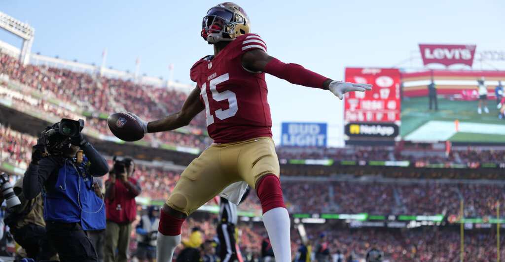 Dec 14, 2025; Santa Clara, California, USA; San Francisco 49ers wide receiver Jauan Jennings (15) celebrates scoring a touchdown against Tennessee Titans during the third quarter at Levi's Stadium. Mandatory Credit: Kyle Terada-Imagn Images